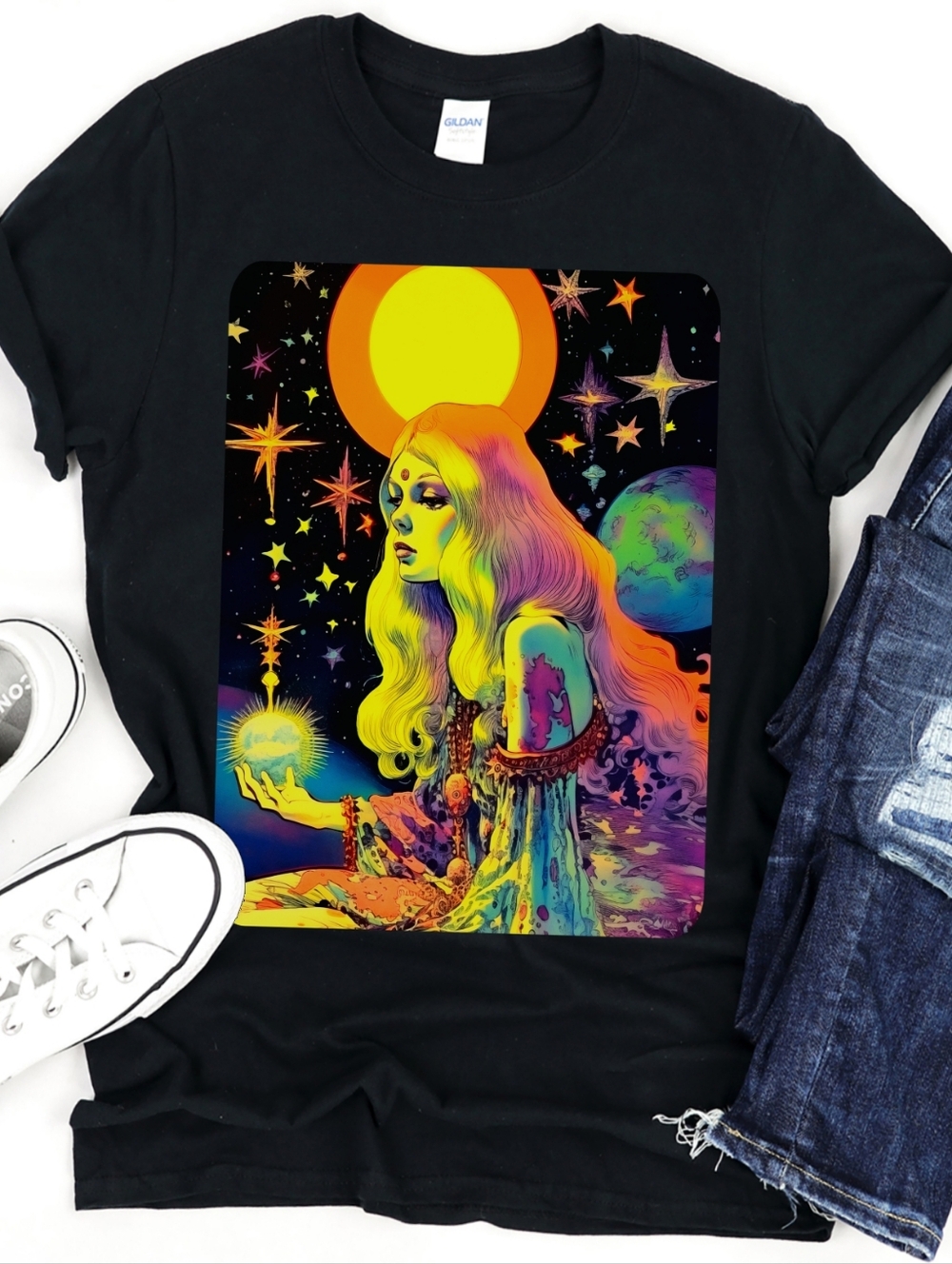 Glowing Goddess 🌛Bright Mystical Tee🌜 Trippy Colorful  Moon Star Magical Shirt
